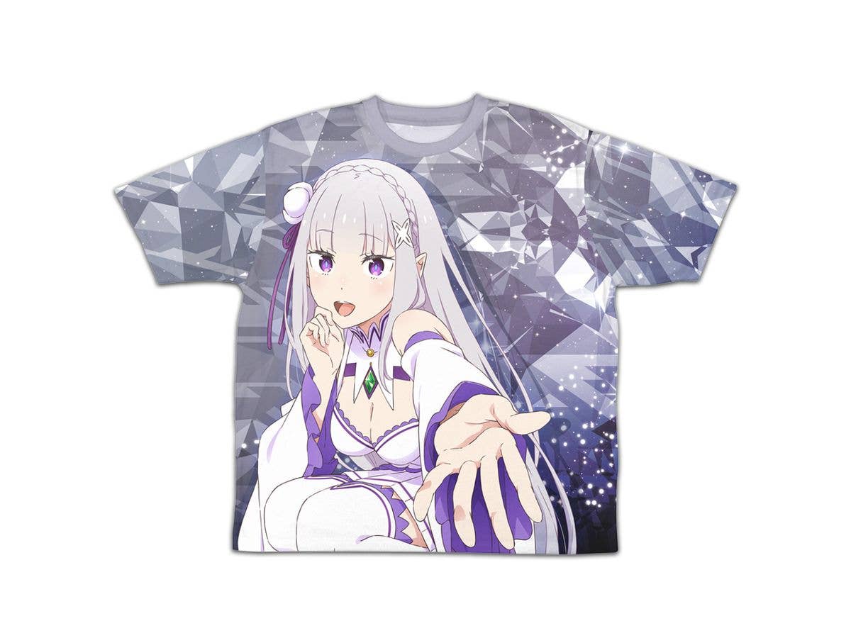 Re:ゼロから始める異世界生活: 銀髪のハーフエルフ エミリア 両面フルグラフィックTシャツ / -XL