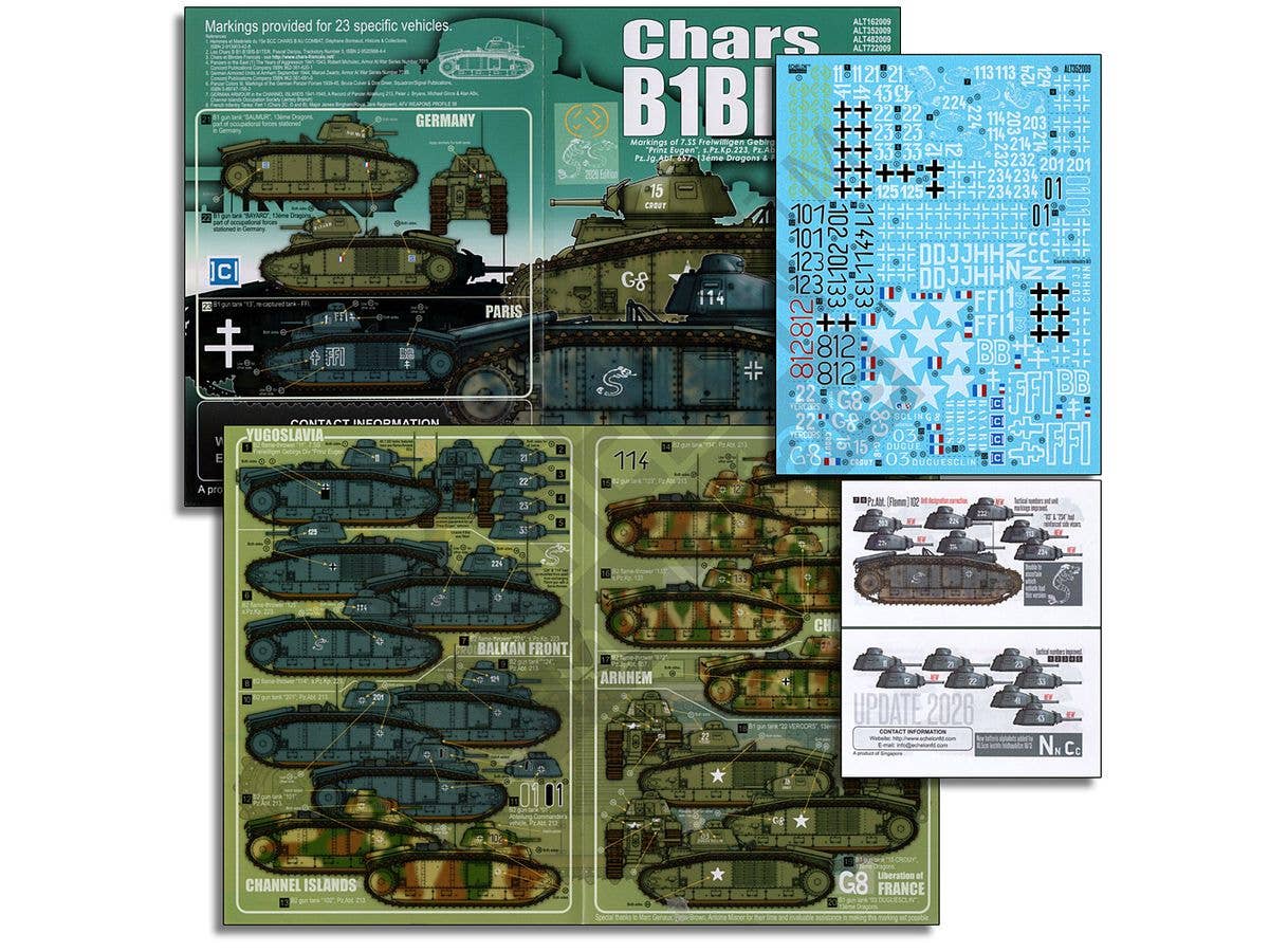 1/35 WWII ドイツ 鹵獲B1 bis戦車 第7SS義勇山岳師団/第223重戦車中隊/第213戦車大隊/第657戦車猟兵大隊/第13竜騎兵連隊/FFI (2026年改訂版)