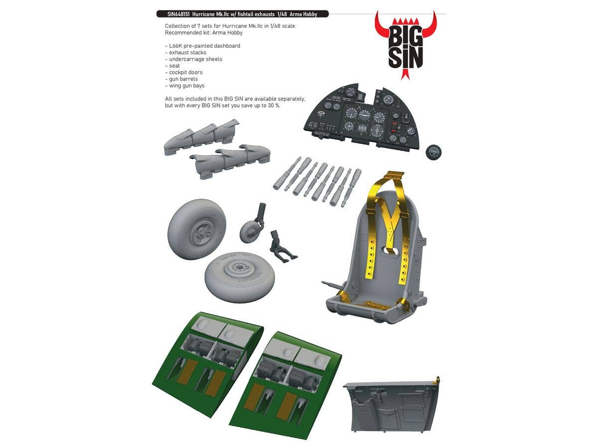 1/48 ハリケーン Mk.IIc w/フィッシュテール排気管 ビッグシンパーツセット (アルマホビー用)