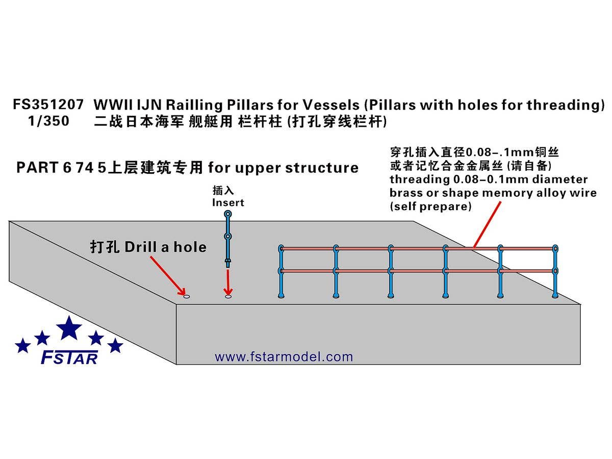 1/350 WW.II 日本海軍 艦艇用柵支柱 (手すり/横桟穴付き) (エッチング製)