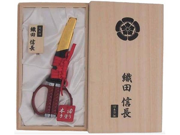 日本刀はさみ 織田信長 桐箱入りモデル (越前塗り/金沢本金箔)