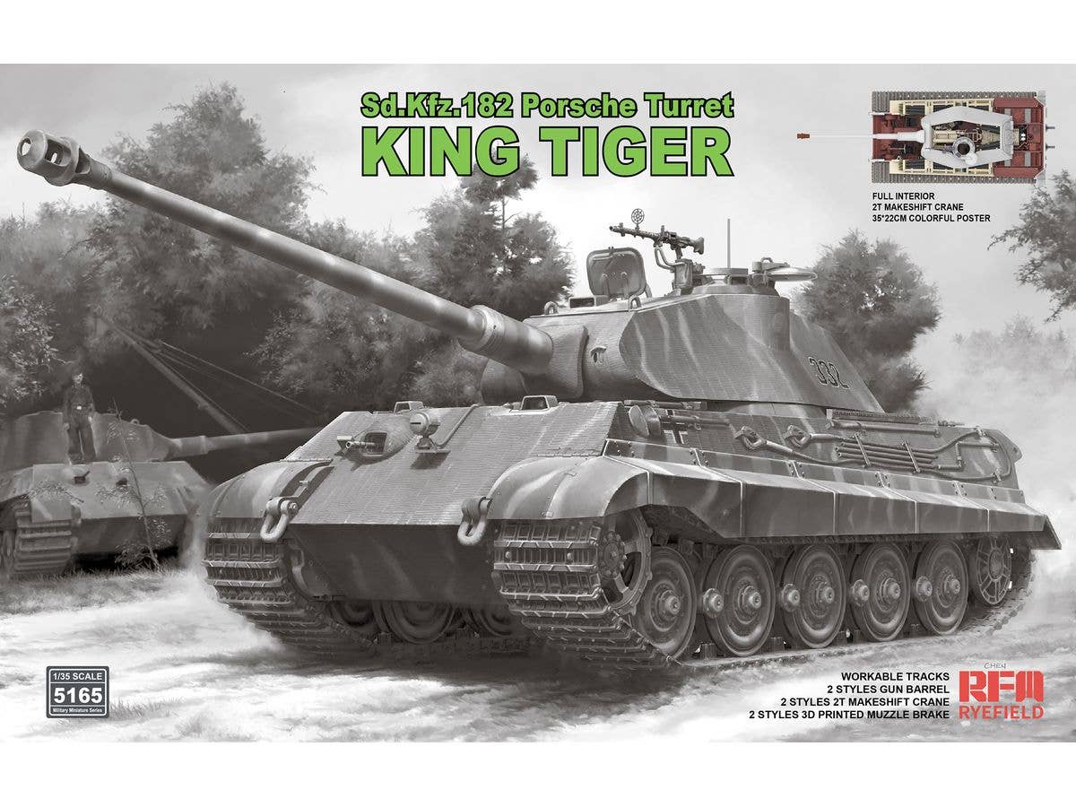 1/35 Sd.Kfz.182 キングタイガー ポルシェ砲塔 w/2t簡易クレーン & 連結組立可動式履帯 (フルインテリア)